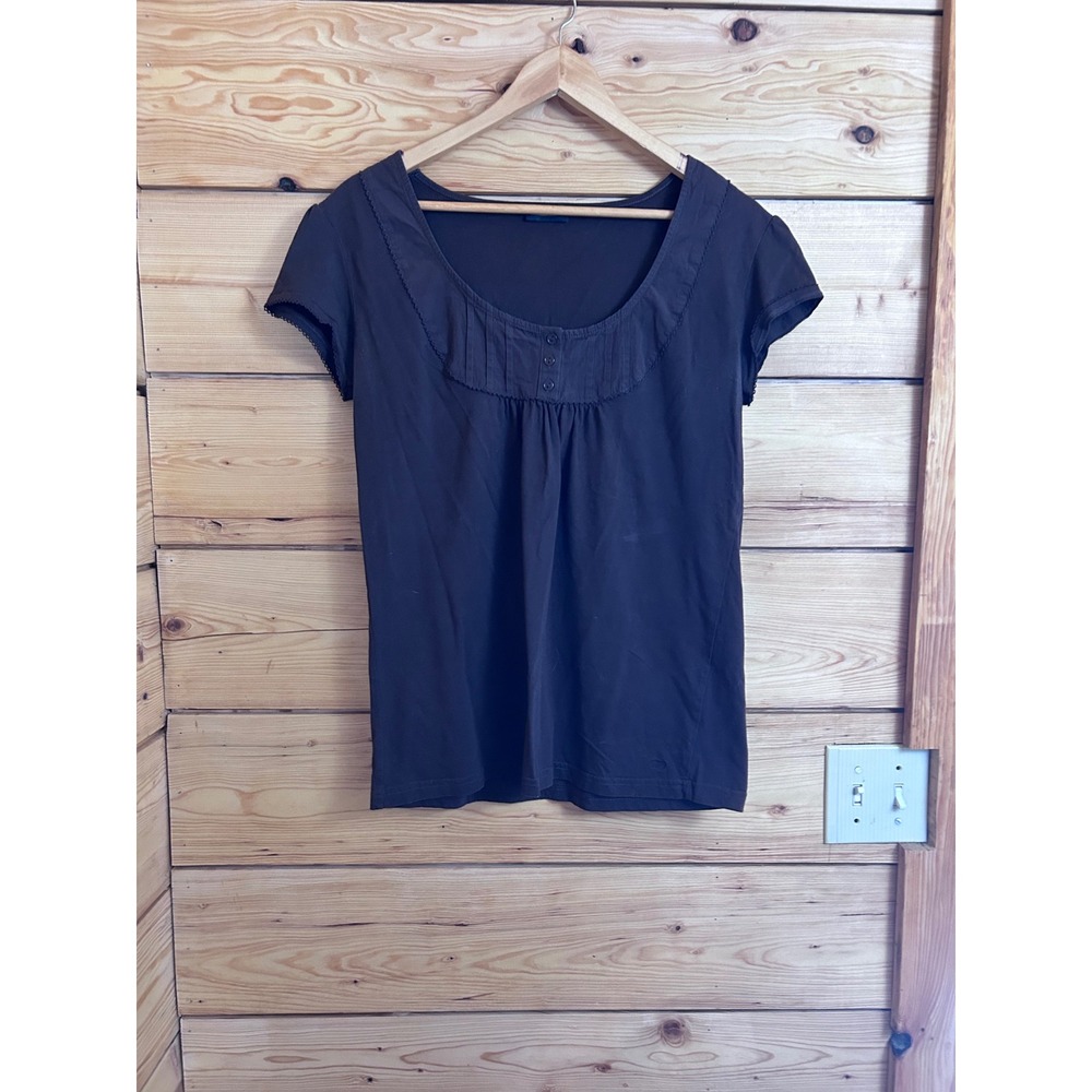Flash Lights Brown Cotton Scoop Neck Pleated Bib Short Sleeve Top‎ 95197
